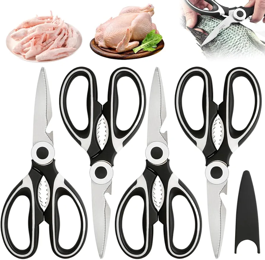Kitchen Scissors Heavy Duty Kitchen Shears,2024 Kitchen Scissors All Purpose Kitchen Shears Heavy Duty Scissors with Protective Sheath for Food,Stainless Steel Scissors Kitchen Utensil (4PC)