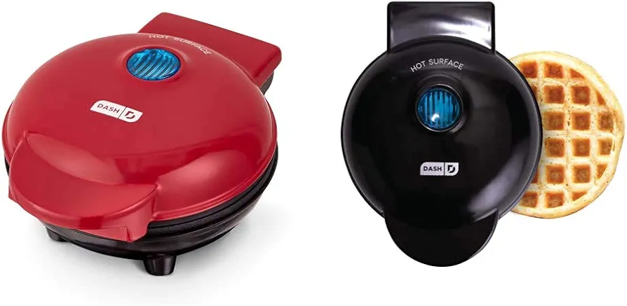 Dash Mini Maker Portable Grill Machine + Panini Press - Red & DMW001BK Machine for Individual, Paninis, Hash Browns, & other Mini waffle maker, 4 inch, Black