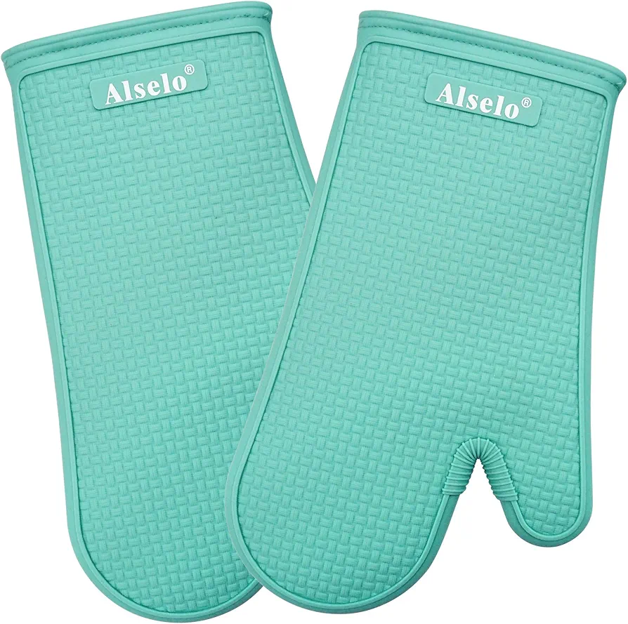 Oven Mitts Heat Resistant Silicone Kitchen Gloves for 550 Degrees with Waterproof and Non-Silp, Set of 2 Oven Gloves for Baking Cooking Barbecue Microwave Machine Washable (Blue, 2)