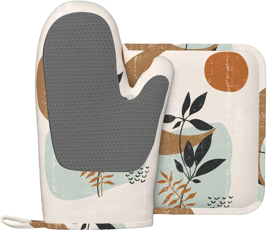 Botanical Boho Oven Mitts and Pot Holders Set of 2 Silicone Heat Resistant Oven Mitten Potholders Non Slip Gloves Kitchen Decor for BBQ Cooking Grilling Baking