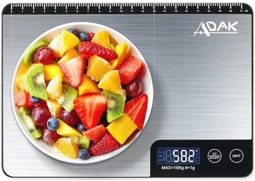 Adak Digital Kitchen Scale, 33Lb/15Kg Capacity, 2 Years Warranty, Stainless Steel for Baking & Cooking Healthy Food, Measures in Grams and Ounces 6 Units Conversion, Water Proof