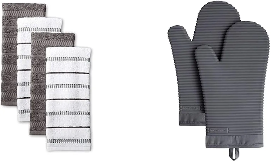 KitchenAid Albany Kitchen Towel 4-Pack Set, Charcoal Grey/White, 16"x26" & Ribbed Soft Silicone Oven Mitt Set, Charcoal Grey 2 Count
