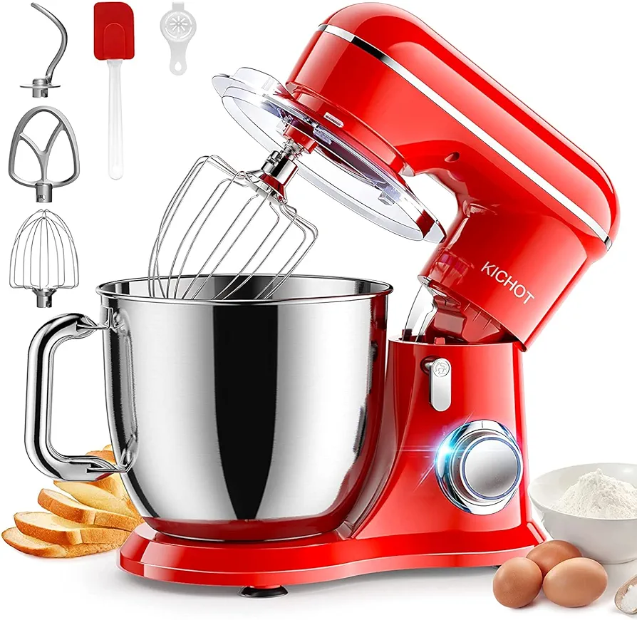 Stand Mixer, KICHOT 10+P Speed 4.8 Qt. Household Stand Mixers, Tilt-Head Cake Mixer Machine with Dough Hook, Beater, Wire Whisk & Splash Guard Attachments for Baking, Cake, Cookie, Kneading, RED
