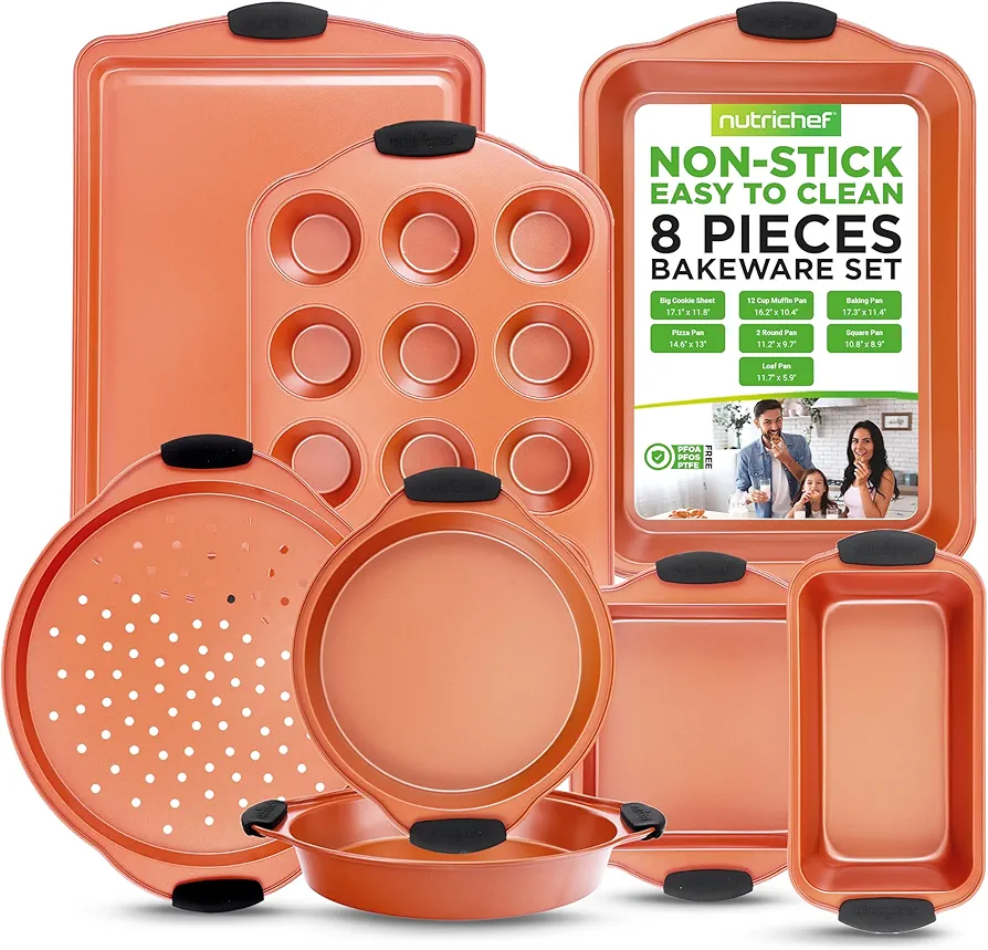 NutriChef 8 Piece Baking Pans Set - Nonstick Carbon Steel Bakeware Set with Silicone Handles, Big Baking Pan, Pizza Pan, Square Pan, Loaf Pan, Big Cookie Sheet, Round Pan, 12 Cup Muffin Pan (Copper)