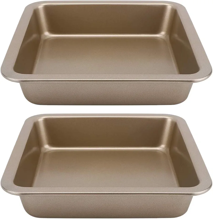 2Pcs Rectangle Cake Pan, 8.9x8.9x1.8in Nonstick Baking Pans Deep Cookie Sheet Tray Bakeware for Cookies Brownie Lasagna Casseroles Cakes(Gold)