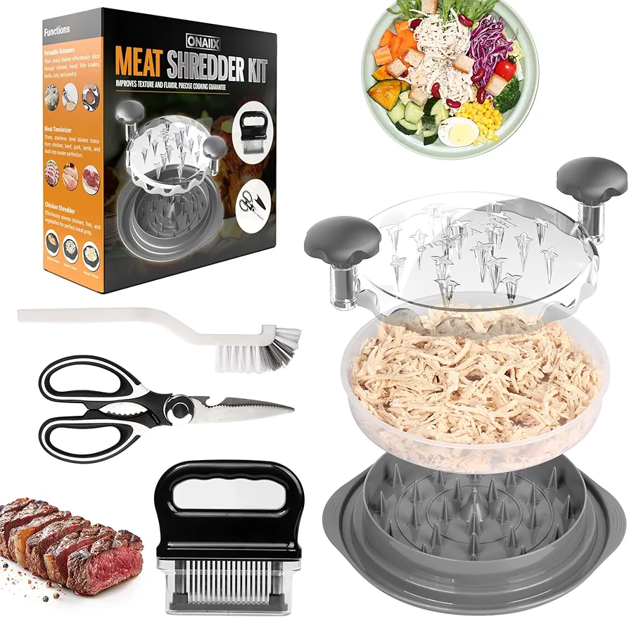 Chicken Shredder Tool Twist Large - 48 Sharp Needle blade Meat Tenderizer, Kitchen Scissors, Brush (4 Items) - Heavy Duty Stainless Steel, Ergonomic, Anti-Slip, Dishwasher Safe, Christmas Cooking Set