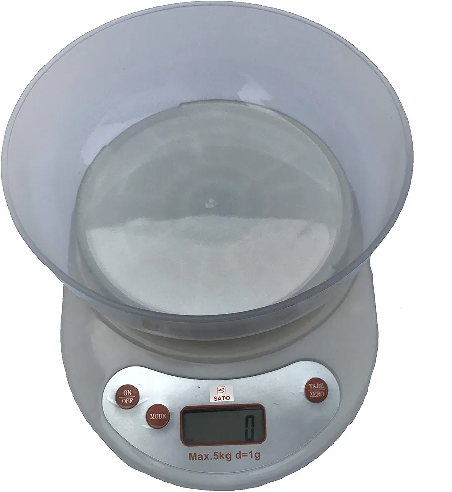 SATO Digital Kitchen Food Scale TS - EK 18, Removable Bowl for Cooking and Baking, High Precision, Weight gr - lb - oz, 11 lb - 5 kg, With TARA, Color White