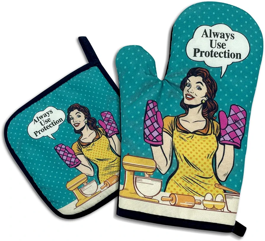 Always Use Protection,Funny Oven Mitts and Pot Holders,Silicone Non-Slip Oven Mitts,Kitchen Gift for Women,Housewarming Gift Ideas,Cooking Baking BBQ Gifts