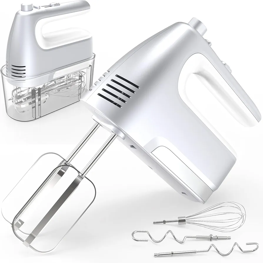 Hand Mixer Electric, 5-Speed 400W Motor, Hand Mixer Electric Handheld, Mixer Electric Handheld with Turbo Boost & Storage Case, 2x Flat Beaters, 2x Dough Hooks, 1x Whisk for Baking (Silver)