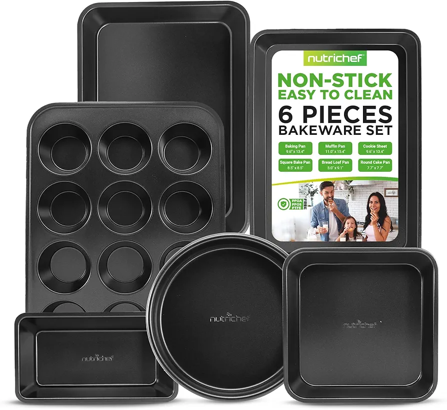 NutriChef 6-Piece Nonstick Baking Pans Set - Black Carbon Steel with Premium Non-Stick Coating - Includes Cookie Baking Sheets, 12-Cup Muffin Pan, Roasting Pan, Loaf & Cake Pans - Dishwasher Safe