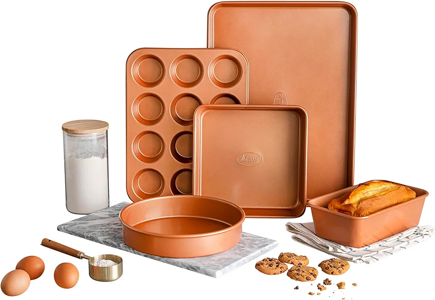 Gotham Steel Non Stick Ceramic Bakeware Set, 5 Piece No Warp & Dishwasher Safe Baking Set, Baking Pans Set with Round & Square Baking Pan, Muffin Pan, Loaf Pan & Baking Sheet for oven, 100% PFOA Free