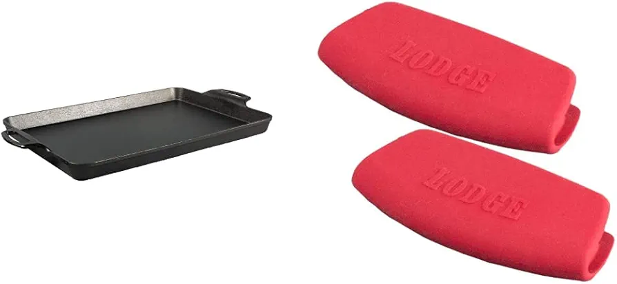 Lodge 15.5"x10.5" Cast Iron Baking Pan ASBG41 Bakeware Silicone Grips, Red, Set of 2