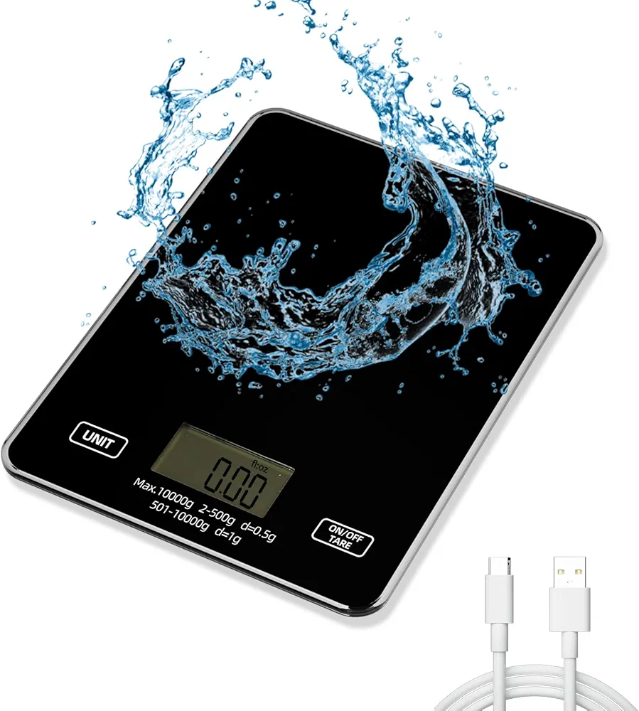 Kitchen Scale Digital Food Scale 10kg/22lb-USB Charging with Waterproof Tempered Glass Platform,for Weight Loss Cooking and Coffee with LCD Display High Accuracy (Black)