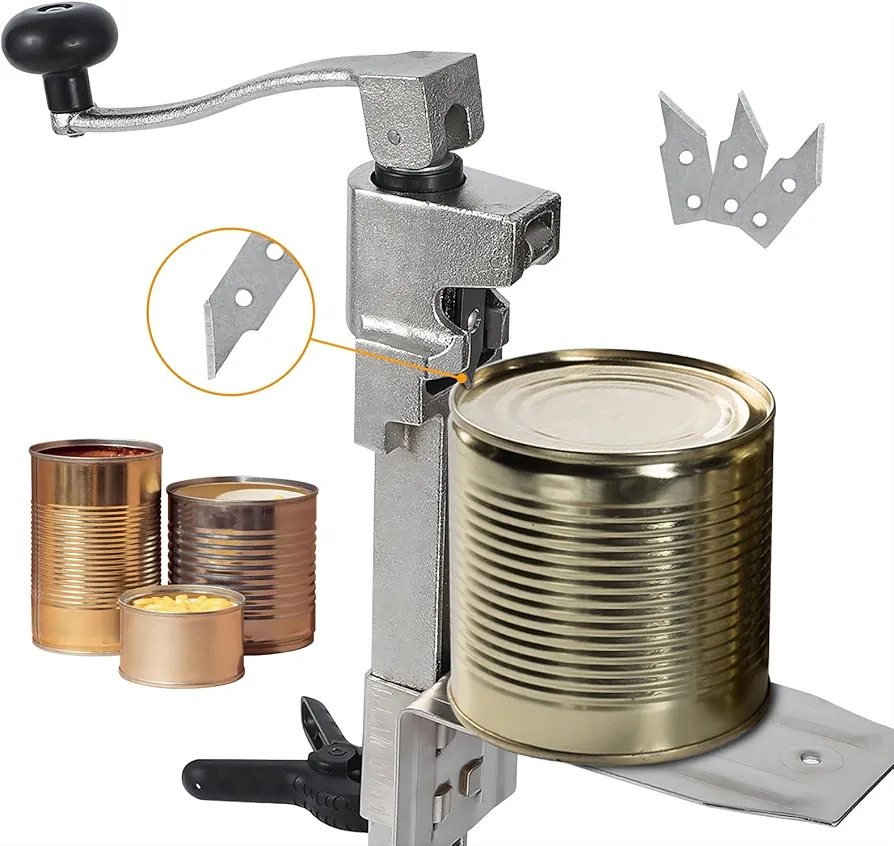 Manual Table Can Opener, Opener for Cans Up to 15.7”/40cm, Heavy Duty Commercial Countertop Can Opener with 3 Spare Blades, with Stainless Steel Blade and Plated Steel Base, Aluminum