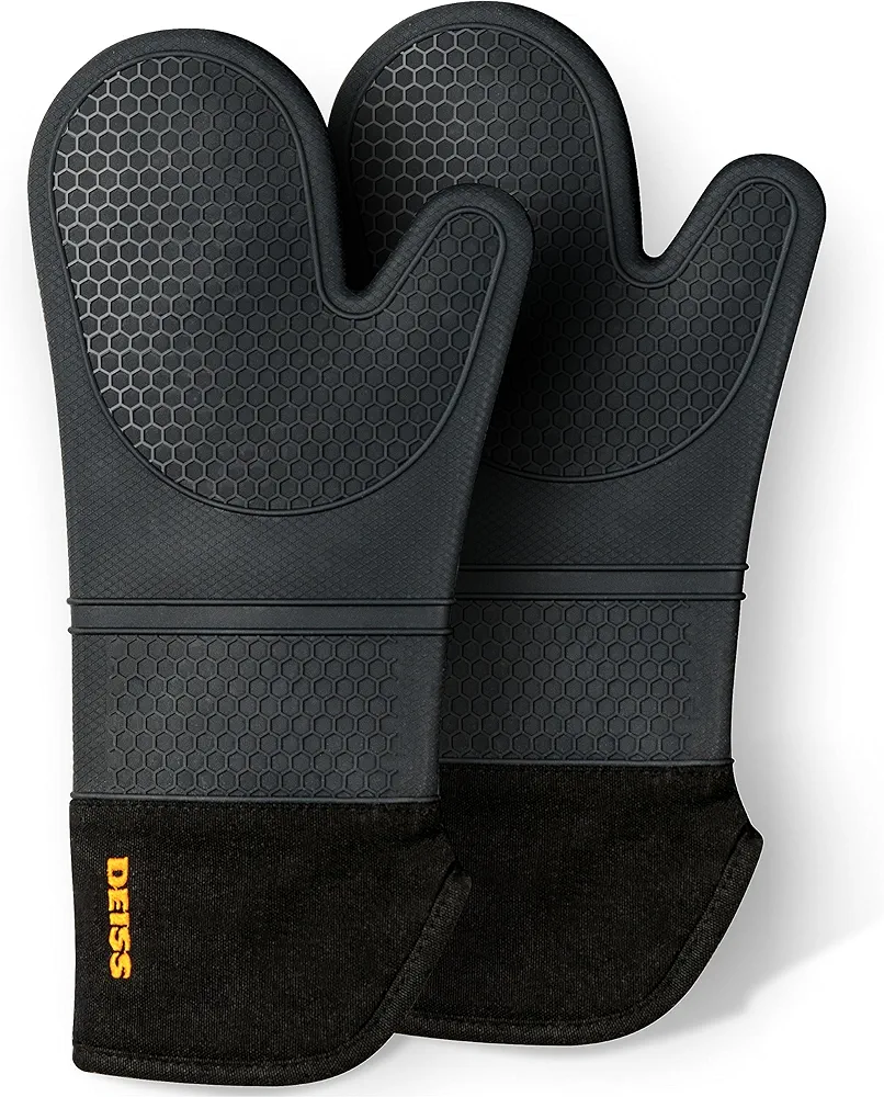 Deiss PRO Heat and Stain Resistant Silicone Oven Mitts Set, Soft Cotton Lining BBQ Gloves, Waterproof, Extra Long Flexible Thick Kitchen Mitts for Cooking, Non-Slip Grip Oven Gloves