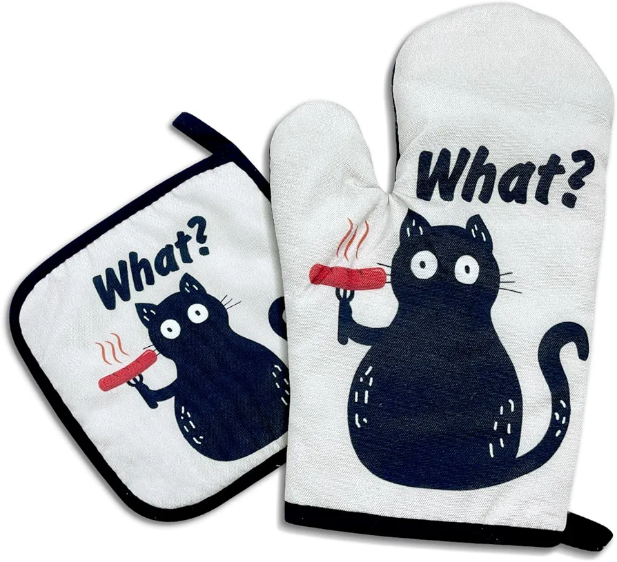 What? Funny Oven Mitts and Pot Holders,Silicone Non-Slip Oven Mitts,Cat Oven Mitts,Cat Lover Gift,Cat Mom Gifts,Cooking Baking BBQ Gifts