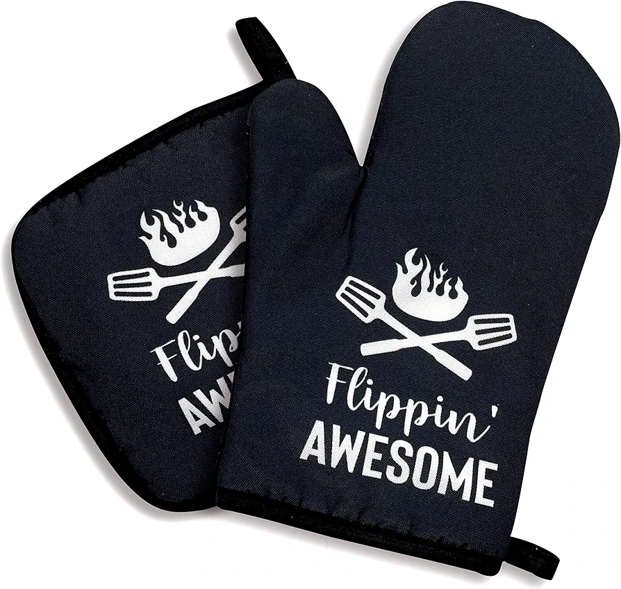 Flipping Awesome,Oven Mitts and Pot Holders Sets of 2，Funny Oven Mitt，Silicone Non-Slip Oven Mitts,BBQ Lover Gift,Chef Gift,Perfect for Kitchen,Cooking,Baking,Grilling