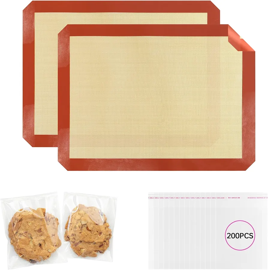 Silicone Baking Mat, 2Pack Non-Stick Food Safe & 15.7"x11.8" Reusable Silicone Mats + 200Pcs Cookies Bags for Baking, Oven Baking Sheet for Making Cookies, Macaroons, Bread T-02-Purplish Red