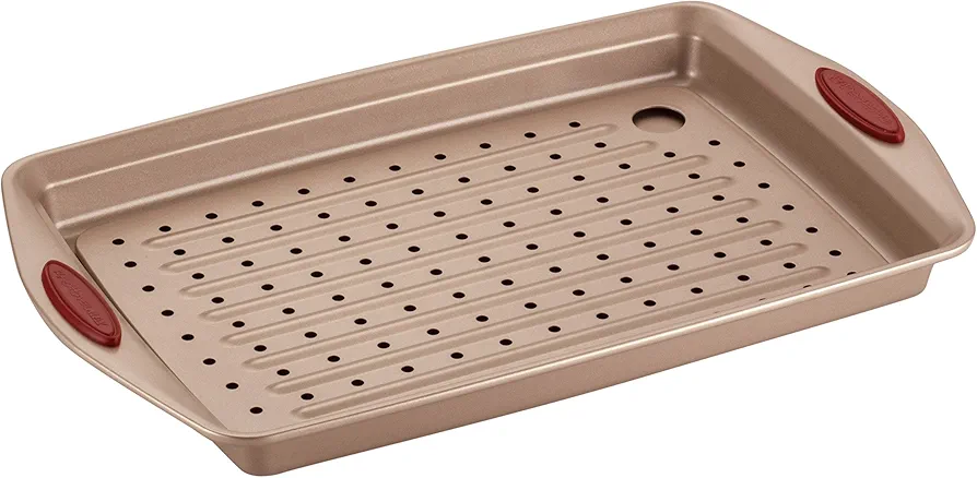 Rachael Ray Cucina Nonstick Bakeware Set with Grips, Nonstick Cookie Sheet / Baking Sheet with Crisper Pan - 2 Piece, Latte Brown with Cranberry Red Handle Grips