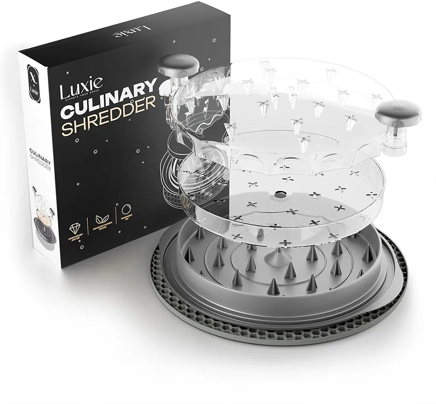 Luxie Culinary Shredder Large | chicken shredder Meat Veggie Chicken Breast Tool Twist With Separate Plate, Transparent Lid, Ergonomic Handle, Matt & Non-Slip Base | BPA Free & Dishwasher Safe