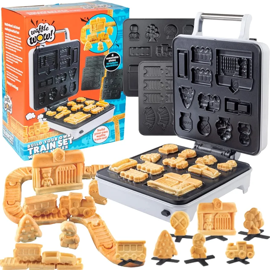 Train Set Waffle Maker- Build Waffle or Pancake Shaped Tracks, Cargo Cars Signs Station- Holiday Family Breakfast, Electric Nonstick Waffler Iron w 4 Removable Dishwasher Safe Plates- Kids Xmas Gift