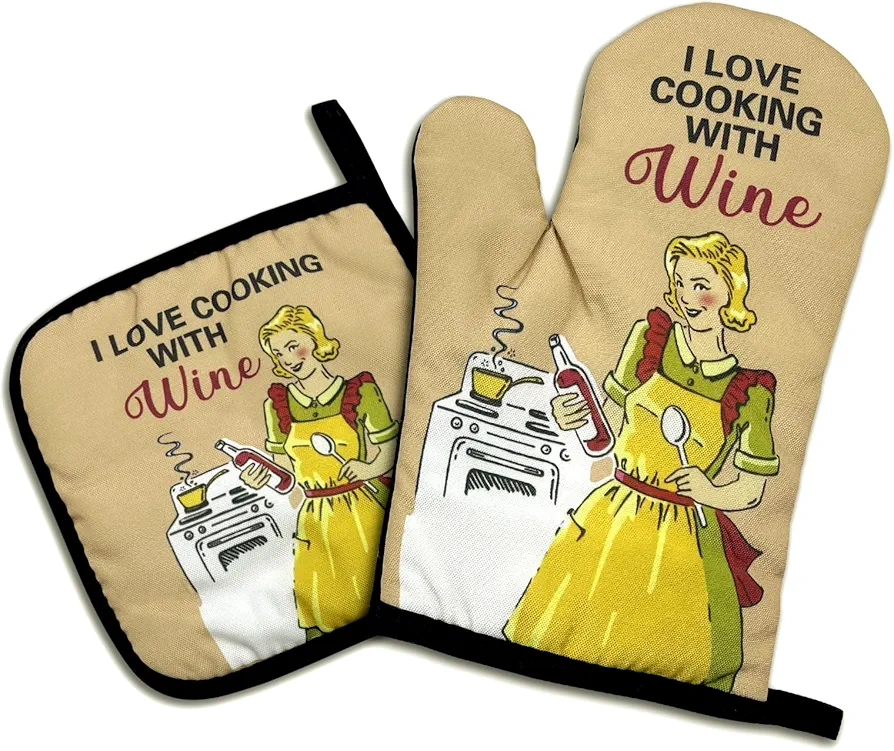 I Love Cooking with Wine,Funny Oven Mitts and Pot Holders Sets of 2,Silicone Non-Slip Oven Mitts,Kitchen Gift for Women,Cooking Baking BBQ Gifts,Housewarming Gifts