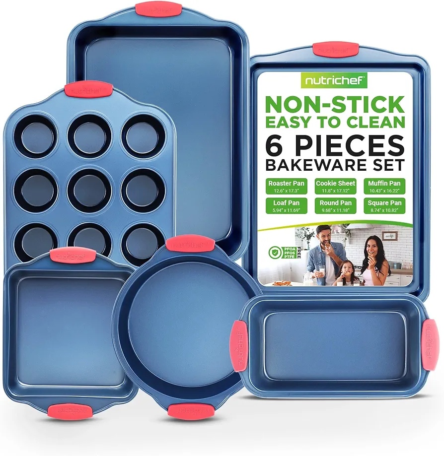NutriChef 6-Piece Nonstick Bakeware Set - PFOA, PFOS, PTFE-Free Carbon Steel Baking Trays w/Heat safe Silicone Handles, Oven Safe Up to 450°F, Loaf Muffin Roaster/Round/Square Pans, Cookie Sheet