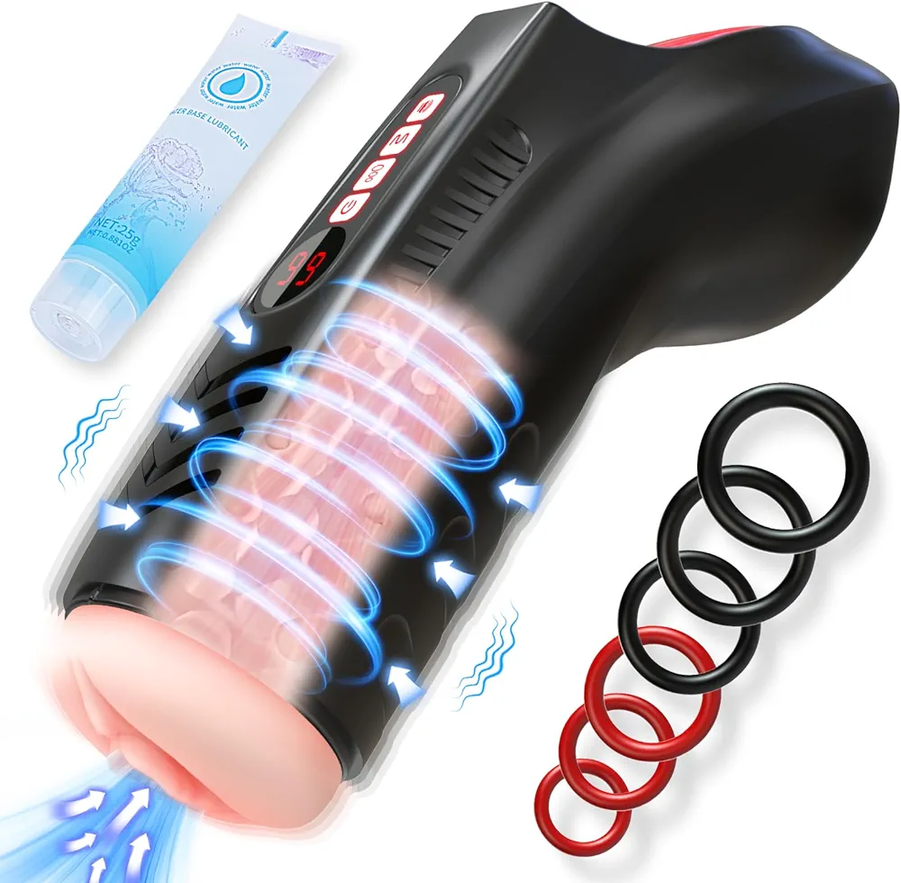 Automatic Sucking Vibrating Male Masturbator - Adult Male Sex Toys with 9 Vibration & 9 Suction Modes & 6 Penis Rings, LCD Display Penis Pump 3D Fleshy Pocket Pussy Vagina Sex Machine Stoker for Men