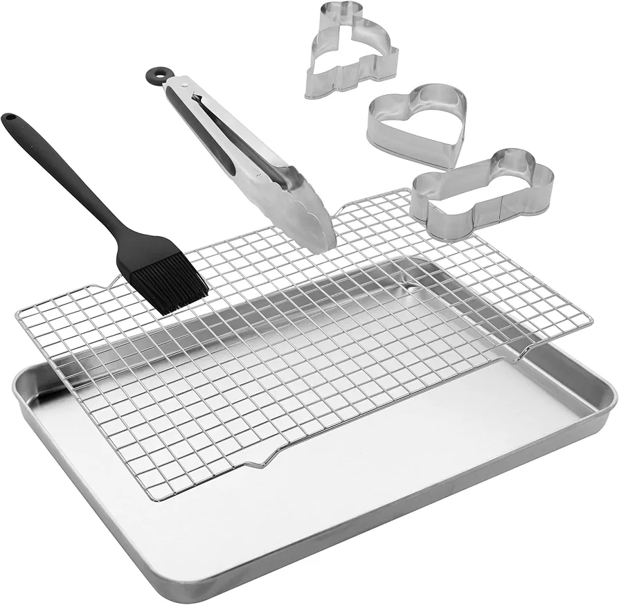 Stainless Steel Baking Pan Cookie Sheet with Cooling Rack, Includes Stainless Steel Tong/Silicone Basting Brush/Biscuit Molds, Size 15x10x1", Multipurpose/Heavy Duty/Dishwasher Safe