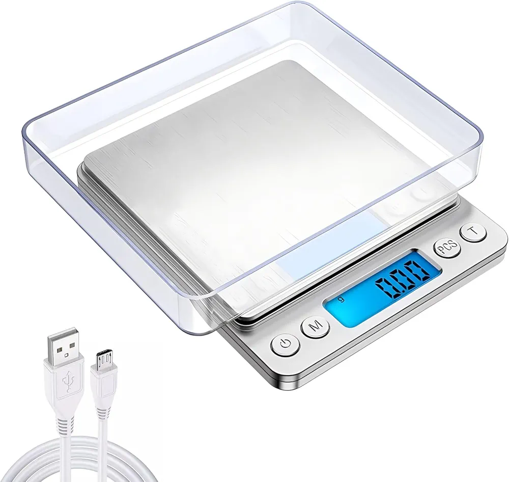 Digital Kitchen Scale, Rechargeable Food Scale with 6 Measure Modes, Tare Function LCD Display with 2 Trays for Food Meat Cooking Nutrition Weight Balance Scal - 3000g/ 0.1g