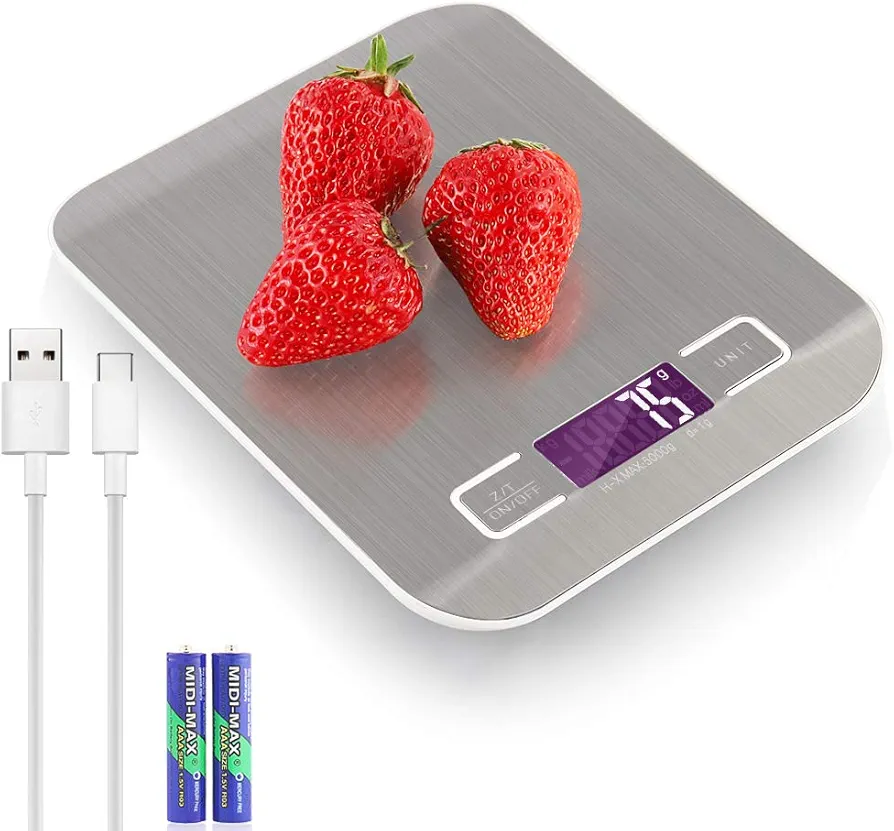 Digital Food Scale Rechargeable, 5KG Stainless Steel Kitchen Scale for Food, High Precision with 0.04oz/1g Division,450mAh Li-Battery and 2 AAA Batteries (5 KG/1g- Silver)