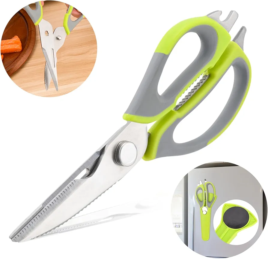Ultra Sharp Multi-function Kitchen Scissors with Heavy Duty Serrated Blade and Protective Sheath,Detachable/magnetic suction seat,For chicken/poultry/fish/meat/vegetables/herbs/barbecue (Green)