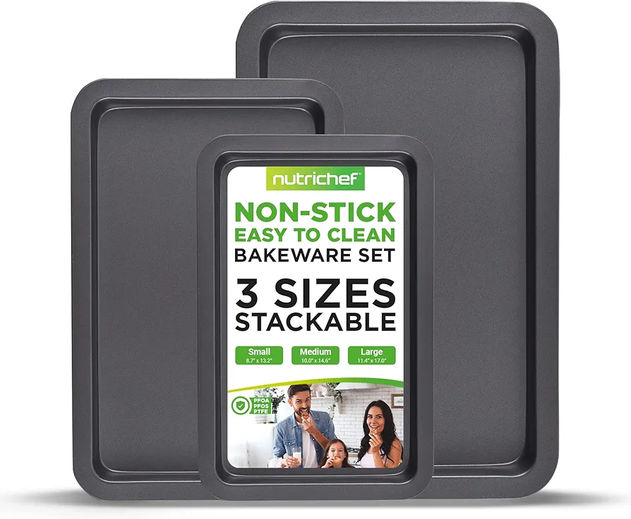 NutriChef 3-Piece Non-Stick Cookie Sheets for Baking - Heavy Duty Steel Baking Sheet Pans for Toasters & Oven - Small, Medium, & Large Size Baking Trays - PFOS, PFOA, PTFE-Free Nonstick Coating