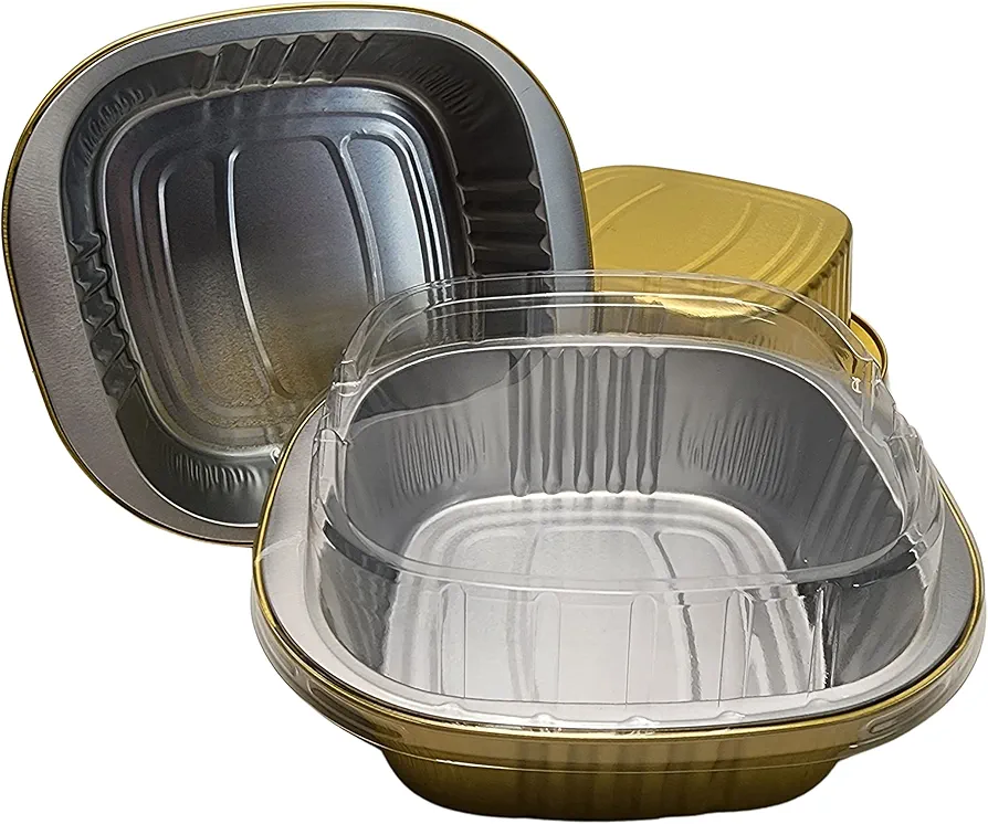 KitchenDance Disposable Heavy Colored Aluminum Foil Nonstick Baking Pan with Lids - 5x5" Square Cake or Entree Pans Perfect for Catering and Events - Oven and Freezer Safe Pan, #A69 (Gold, 25)