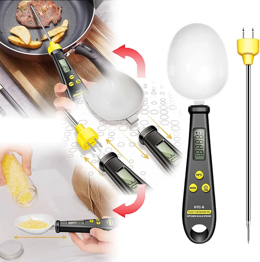 Kitchen Scale Spoon,Digital Measuring Spoon 2 in 1, Digital Thermometer Digital Food LCD,Multifunctional Portable Handheld Scale for Kitchen Cooking Baking Measurement (Black)