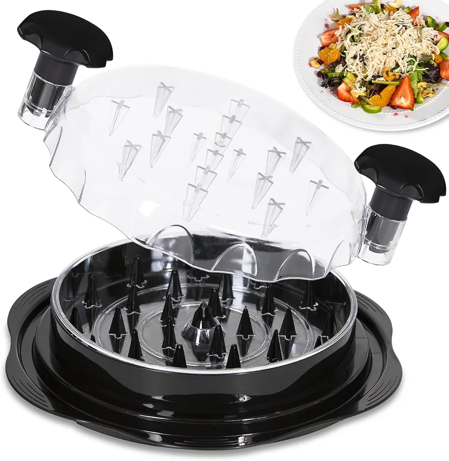 Chicken Shredder Twist Tool - Latest Upgraded Manual Shredder Machine with Brush & Fork, Clear Lid & Middle Plate, Slip Resistant, Ideal for Chicken, Beef, Pork, Salmond