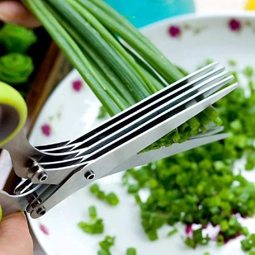 Multi-Layers Kitchen Herb Scissors, 5 Blade Kitchen Shears Scallion Cutter Laver Spices Herb Spice Kitchen Slicer Shredded Scallion Chive Cutter for Cutting Cilantro Onion Salad Garden Herbs (Green)