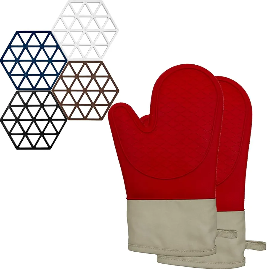 Silicone Oven Mitts - Red Oven Mitts Heat Resistant 500F, Soft Lined Silicone Oven Mitts - Oven Mitt Set for Cooking Baking Kitchen Mitts Pot Holder Set，Short Version