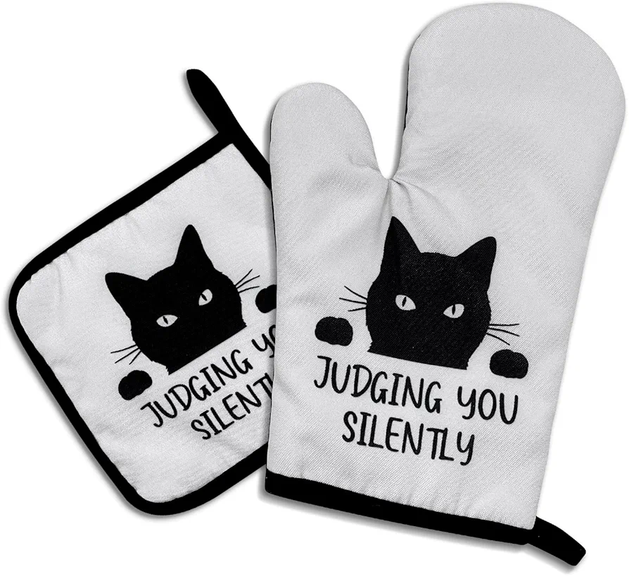 Judging You Silently,Funny Oven Mitts and Pot Holders,Silicone Non-Slip Oven Mitts,Cat Oven Mitts,Cat Lover Gift,Cat Mom Gifts,Cooking Baking BBQ Gifts