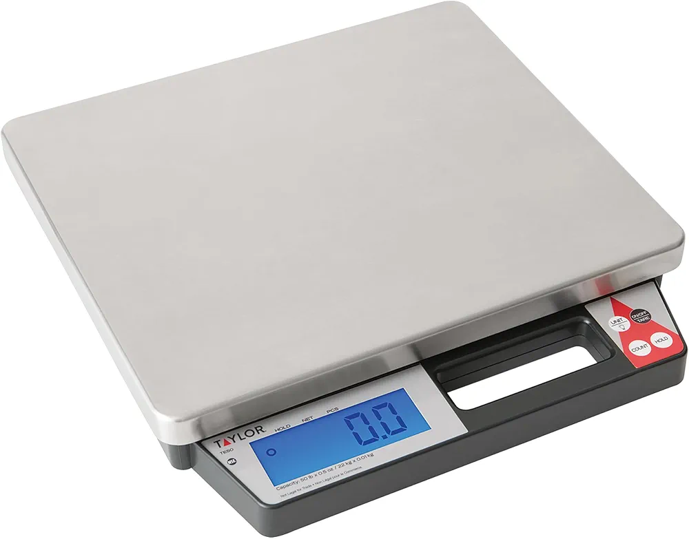 Taylor TE50 50-Pound Digital Portion Control Food Scale with Handle, Inventory, Postal, and Bulk Portioning Scale, Tare and Hold Function, NSF, Stainless Steel Platform