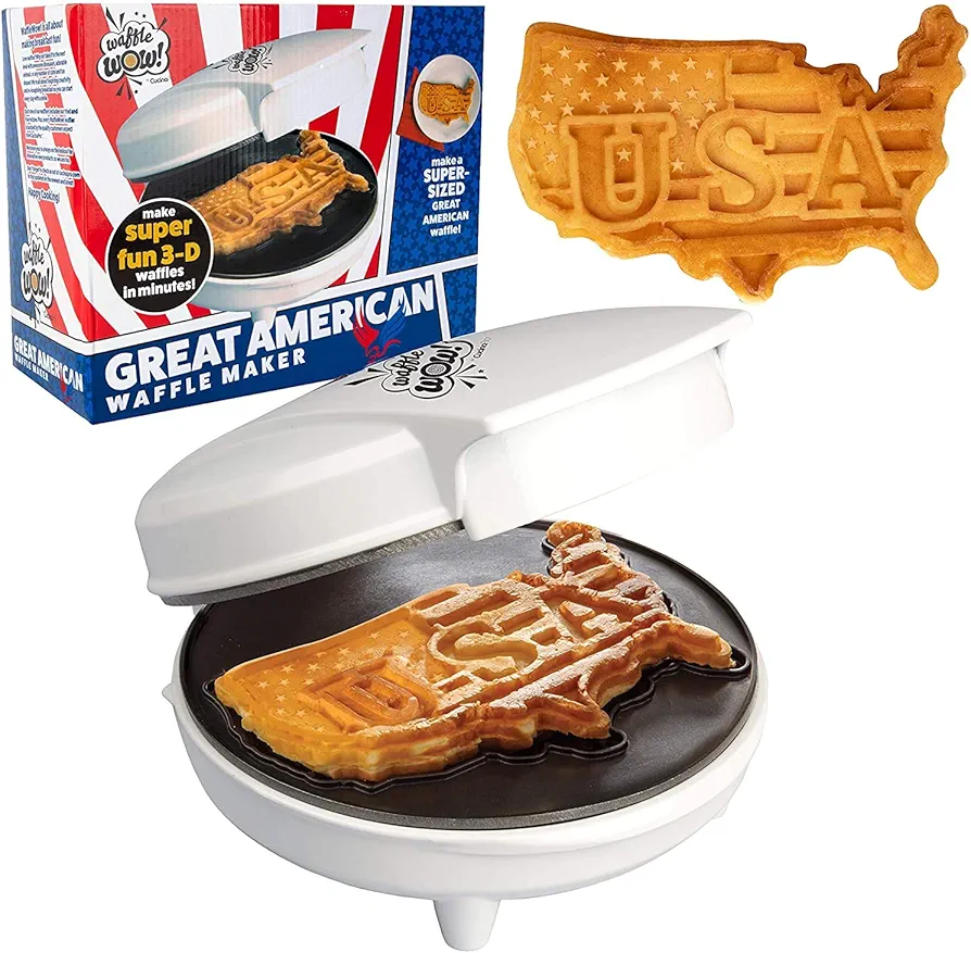 Waffle Wow! Great American USA Waffle Maker- Make Giant 7.5" Patriotic Waffles or Pancakes w Pride- Electric Nonstick Waffler Iron- America Spirit Election Debate Party, Breakfast Recipe Guide