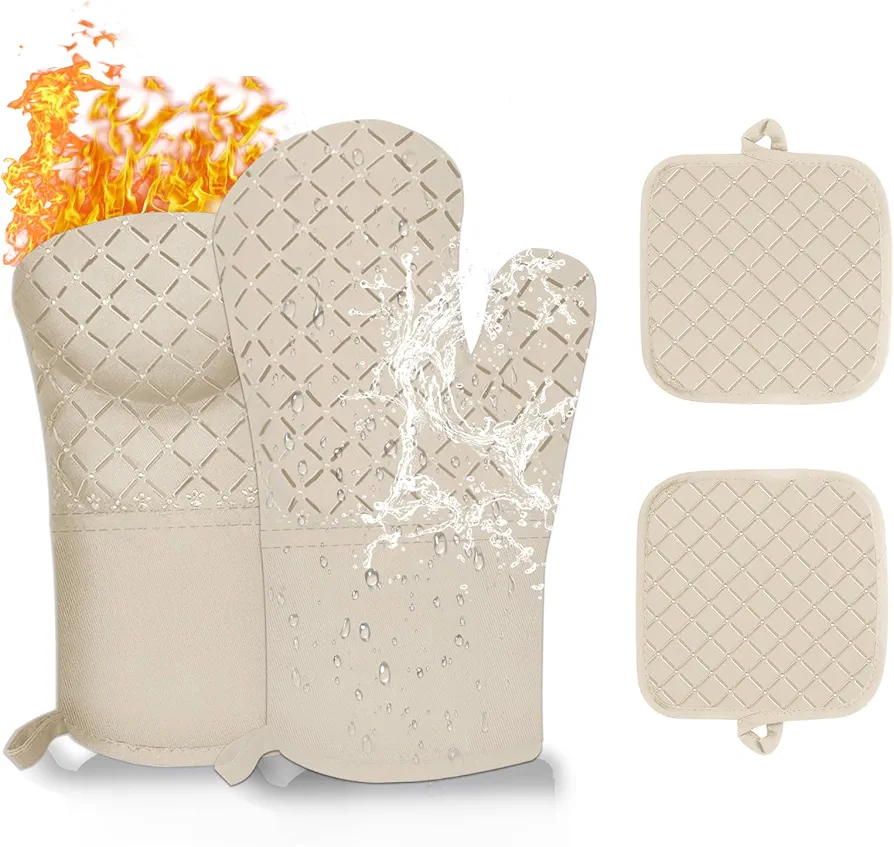 4PCS Oven Mitts and Pot Holders Sets 500°F Pot Holders for Kitchen Heat Resistant Oven Gloves Anti-Slip Silicone Stripe Oven Mitts Heat Resistant Hot Pads Oven Mits Potholders for Kitchens Khaki