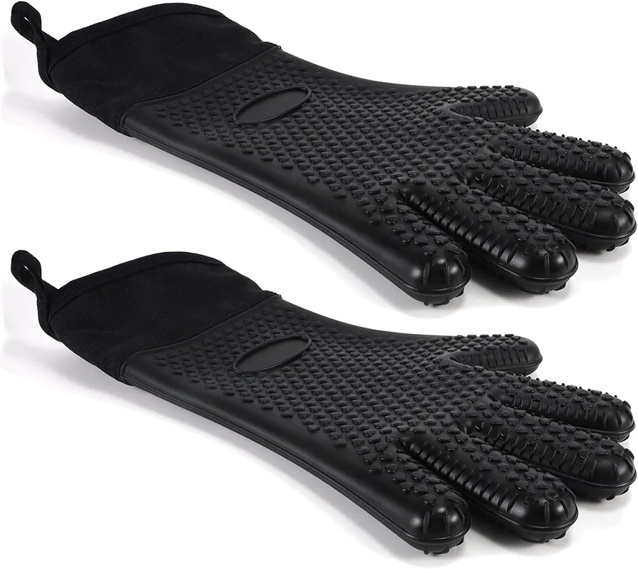 1 Pair 13.5inch Black Oven Gloves with Fingers, Comfy Waterproof Heat Resistant Cooking Gloves -Long Cuff and Good Dexterity, Silicone Oven Mitts, Insulated BBQ Gloves, Outdoor Grill Gloves
