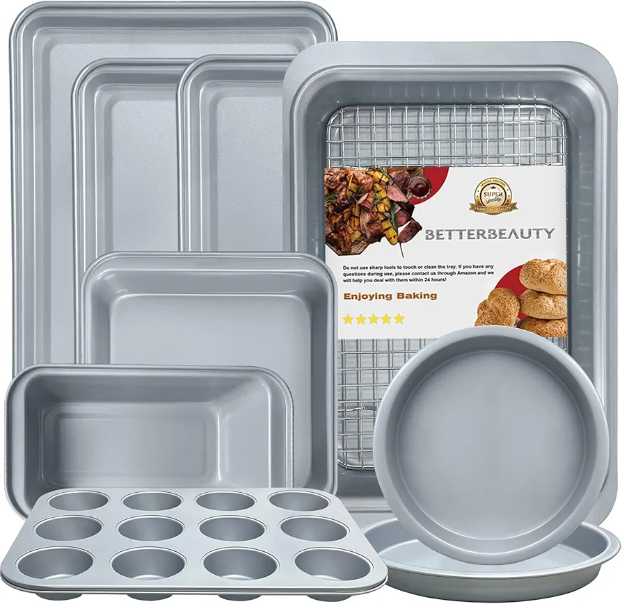 Baking Pans Set 10 Pcs, Nonstick Professional Kitchen Bakeware Sets with Cookie Sheets, Muffin Pan, Bread Pan, Loaf Pan, Cake Pan and Cooling Rack, 0.8mm Thick/Dishwasher Safe/Heavy Duty