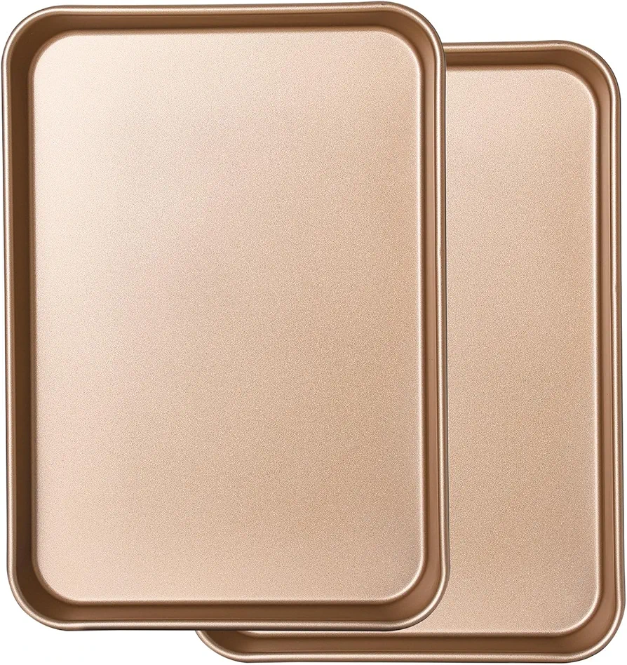 2 Pack 14 X 10 Inches Quality Baking Sheet Pan, Slick Carbon Steel Baking Sheet Set, Warp Resistant Nonstick Cookie Baker's Half Sheets for Baking, Roasting, Gold