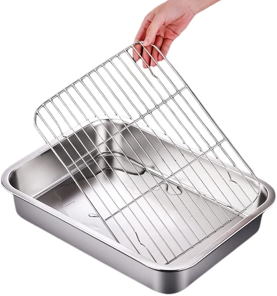 Small Baking Sheet Pan with Wire Rack Set [1 Pans + 1 Racks] Stainless Steel Cookie Pan baking Tray Size 10.4 x 8.15 x 2 Inch