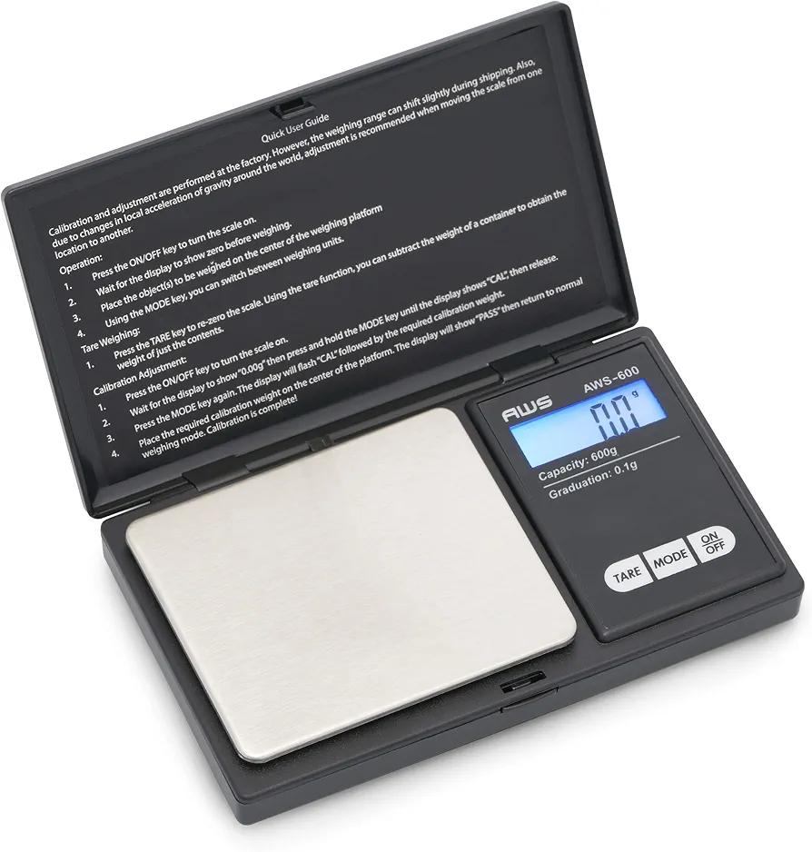 American Weigh Scales AWS-600 Digital Pocket Weight Scale, Digital Gram Scale, Jewelry Scale, Food Scale, Medicine Scale, Kitchen Scale, Small Pocket Scales, Backlit LCD 600 G x 0.1 G(Black)