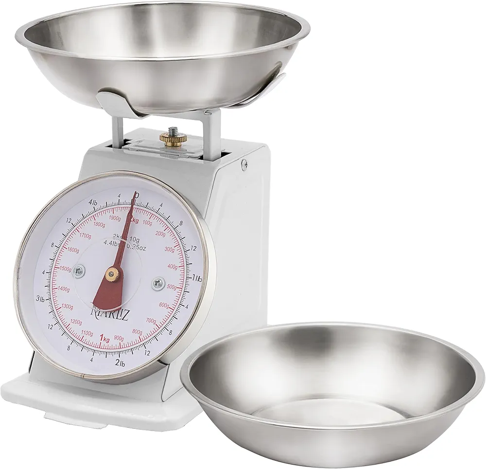 MARLIZ Small Retro Kitchen Scale 4.4Lb/2Kg with 2 Bowls White |Mechanical dial Scale| Vintage Kitchen Scale| Pesa para alimentos| bascula de cocina|Kitchen Scale|Bakers Scale