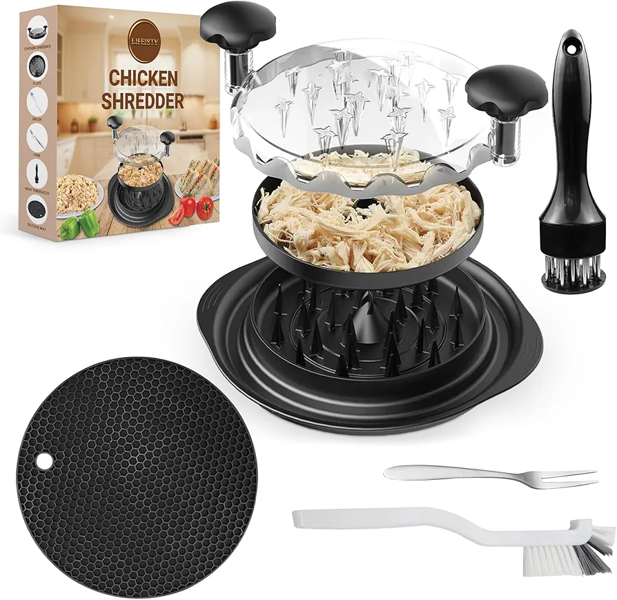 Chicken Shredder and meat tenderizer Large Chicken Breast Shredder Tool Twist with separate plate Brush&Fork, Strong Anti-Slip mat, Ergonomic Handle, BPA Free, Suitable for Pork Beef Chicken,, Black
