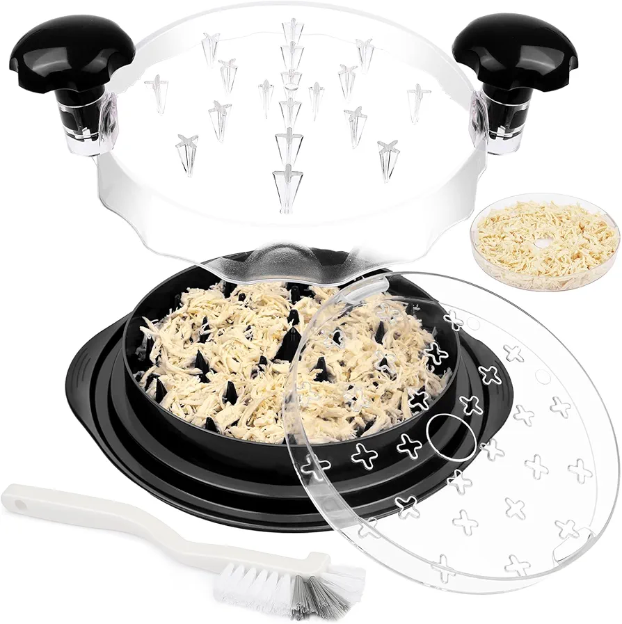 Chicken Shredder Manual Twist Chicken Shredder Tool Anti Slip Meat Grinder, Transparent Lid and Tray Spacer, Ergonomic Handle, Dishwasher Safe, Easy to Clean, Heat Resistant, BPA Free(Black)